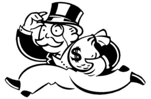 Monopoly Top-Hat and monicle guy running with a bag of cash.