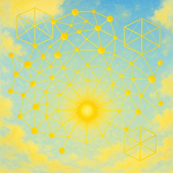 Network nodes and links on a surrealist, bright canvas.
