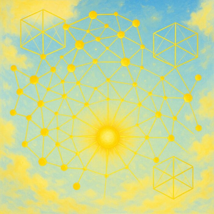 Network nodes and links on a surrealist, bright canvas.