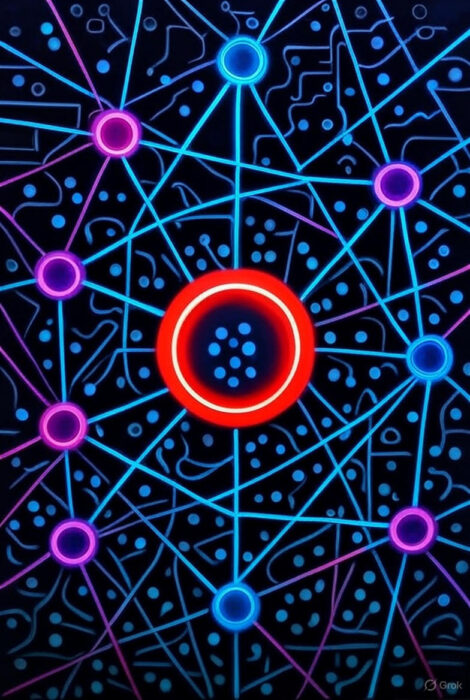 Likeness of a network of any type with neon nodes and links. A red-orange central hub connects neon light-blue links to mini-hubs in neon purple.