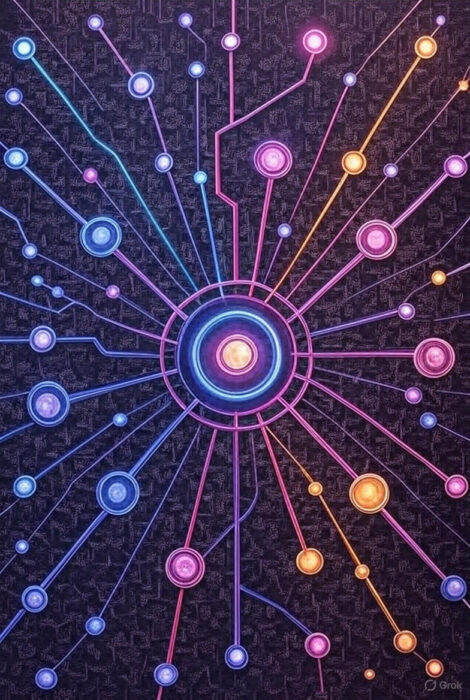 Likeness of a network of any type with blue neon central hub.
