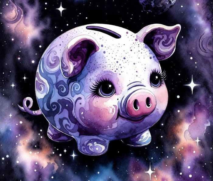 Purple smiling piggy bank up in a cosmic purply pinkish background.