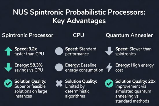 Infographic comparing NUS spintronic probabilistic processors to CPUs and quantum annealers across three metrics: speed (3.2x faster than CPU), energy efficiency (58.3% savings vs CPU), and solution quality (superior feasibility on large problems and 20x improvement with simulated quantum annealing).